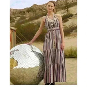 Anthropologie Maeve Striped Halter Tiered Cottagecore Button Front Maxi Dress 2
